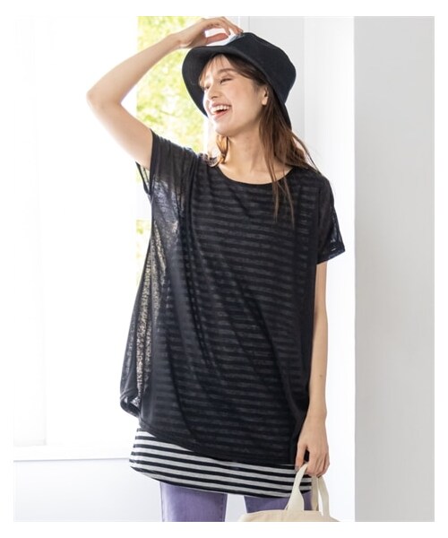 nissen（ニッセン）の「大きいサイズ　涼やかスラブバックリボン重ね着風チュニック（チュニック・レディース・スモーキーブルー*ネイビー系/ベージュ*杢チャコールグレー系/黒*杢チャコールグレー系/ビターオレンジ*杢チャコールグレー系/オフホワイト*ネイビー系・L/LL/3L/4L/5L/6L/8L/10L）」の10枚目の写真