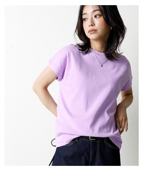 nissen（ニッセン）の「ＵＶカット綿１００％フライス素材フレンチスリーブＴシャツ（Tシャツ/カットソー・レディース・オフホワイト/黒/ダスティ―ピンク/ブルー/ディープグリーン/ブラッドオレンジ/トープ/グレージュ/ローズ/ラベンダー/不要品番/シュガーピンク・S/M/L/LL/3L）」の7枚目の写真