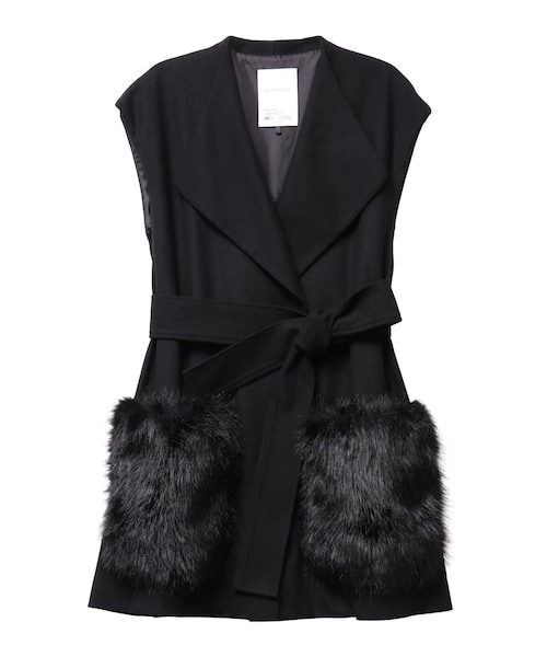 ELENDEEK(エレンディーク)の「FUR POCKET SLEEVELESS CT(テーラードジャケット・レディース・ブラック/キャメル・F)」の1枚目の写真