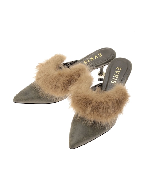 EVRIS（エヴリス）の「ポインテッドトゥフェイクファーミュール（サンダル・レディース・カーキ/ミックス・S/M/L）」の6枚目の写真