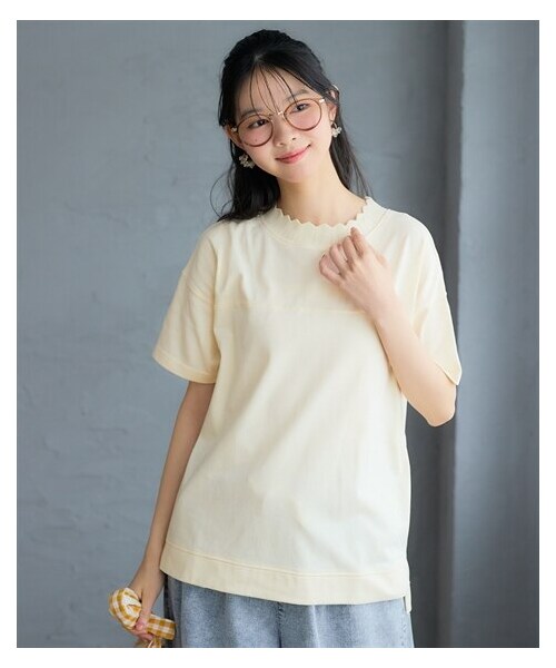 nissen（ニッセン）の「＜大きいサイズ＞かぎ針ネック綿混半袖ソフトカットソープルオーバー（Tシャツ/カットソー・レディース・クラウドブルー/オフホワイト/クラウドピンク/黒/カーキ・L/LL/3L/4L/5L/6L/8L/10L）」の10枚目の写真