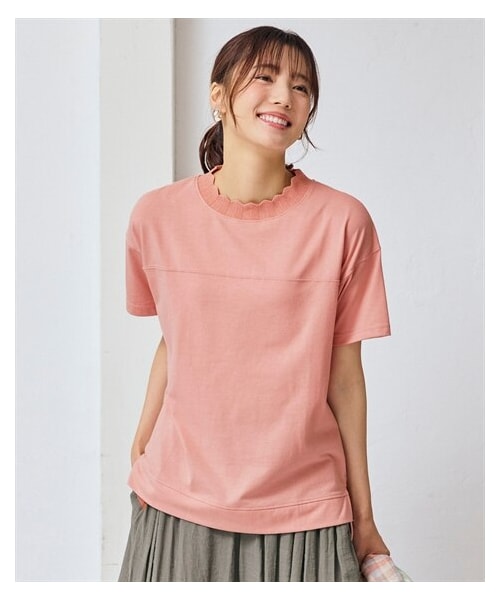 nissen（ニッセン）の「＜大きいサイズ＞かぎ針ネック綿混半袖ソフトカットソープルオーバー（Tシャツ/カットソー・レディース・クラウドブルー/オフホワイト/クラウドピンク/黒/カーキ・L/LL/3L/4L/5L/6L/8L/10L）」の5枚目の写真
