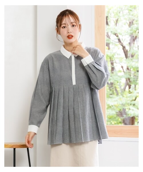 nissen（ニッセン）の「大きいサイズ タックシャツチュニック（シャツ/ブラウス・レディース・ネイビー系/オフホワイト系/マリーゴールド系/黒系/ダークネイビー(無地)/ラベンダー系・L/LL/3L/4L/5L/6L/8L/10L）」の14枚目の写真