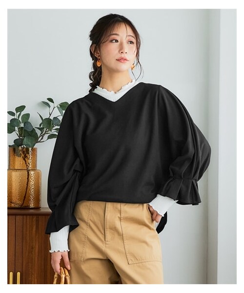 nissen（ニッセン）の「＜大きいサイズ＞袖タックスリープVネックドルマントップス（Tシャツ/カットソー・レディース・ダークブルー/アイボリー/ブラウン/黒・L/LL/3L/4L/5L/6L/8L/10L）」の18枚目の写真