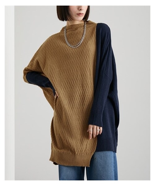 nissen（ニッセン）の「配色デザインプチハイネックロング丈ニット [Soiunique]（ニット/セーター・レディース・キャメル×ネイビー/ブラック×オフベージュ/杢グレー×アイボリー/グレージュ×ネイビー/ソフトグリーン×アイボリー/杢チャコール×黒/アイボリー×グレージュ・Y(M-LL)/S~LL）」の11枚目の写真