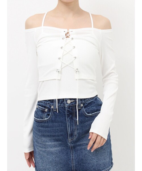 EVRIS（エヴリス）の「2WAYリブアンサンブルオフショルトップス（Tシャツ/カットソー・レディース・ホワイト/ブラック/ピンク・F）」の2枚目の写真