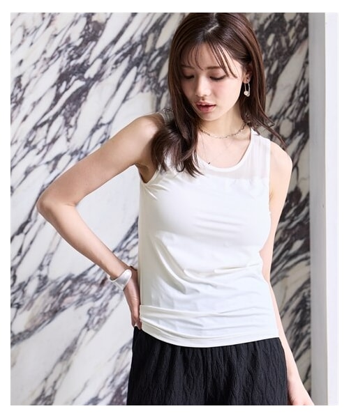 nissen（ニッセン）の「＜大きいサイズ＞シアーコンビトップス（ブラカップ付）（Tシャツ/カットソー・レディース・オフホワイト/黒・L/LL/3L/4L/5L/6L/8L/10L）」の4枚目の写真