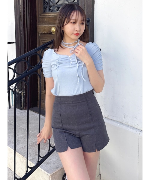 dazzlin（ダズリン）の「タイ付ギャザーカットトップス（Tシャツ/カットソー・レディース・オフホワイト/イエロー/ブルー/ブラウン・F）」の5枚目の写真