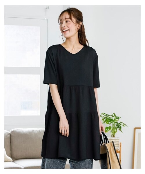 nissen（ニッセン）の「大きいサイズ　涼しいサラサラカットソー楊柳ゆるシルエット５分袖チュニック（チュニック・レディース・インクブルー/黒/モスカーキ/ベージュ/ピーチピンク・L/LL/3L/4L/5L/6L/8L/10L）」の10枚目の写真