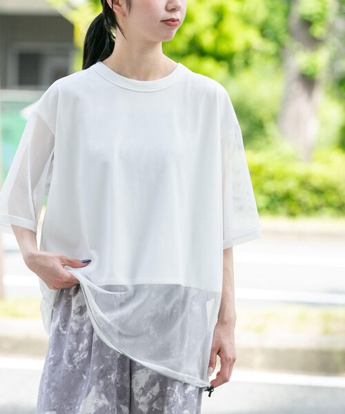EKAL(エカル)の「『UR TECH ひやサラクール』メッシュレイヤードT-SHIRTS(Tシャツ/カットソー・レディース・ホワイト/グレー/ネイビー/レンガー・One)」の11枚目の写真