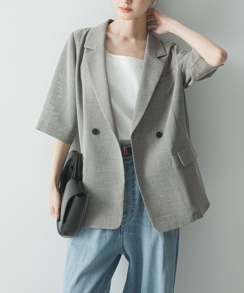 URBAN RESEARCH(アーバンリサーチ)の「シアーメッシュハーフスリーブジャケット(テーラードジャケット・レディース・BEIGE/D.NAVY・Free)」の6枚目の写真