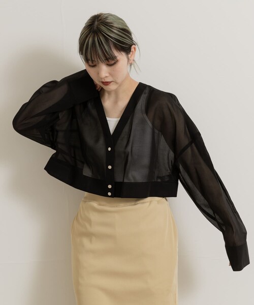 THE GOODLAND MARKET（ザグッドランドマーケット）の「『別注』MIDIUMISOLID×TGM　Organic cotton sheer cardigan（カーディガン/ボレロ・レディース・OFF/BLACK・one）」の21枚目の写真
