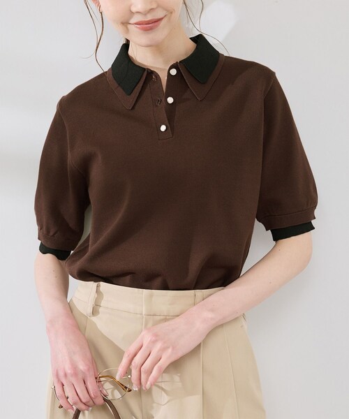 ROPE' PICNIC(ロペピクニック)の「【新色追加】バイカラーレイヤード風ニットポロシャツ(ポロシャツ・レディース・ブラック系/ホワイト系/ブラウン系/ダークグリーン/サックス・38)」の3枚目の写真