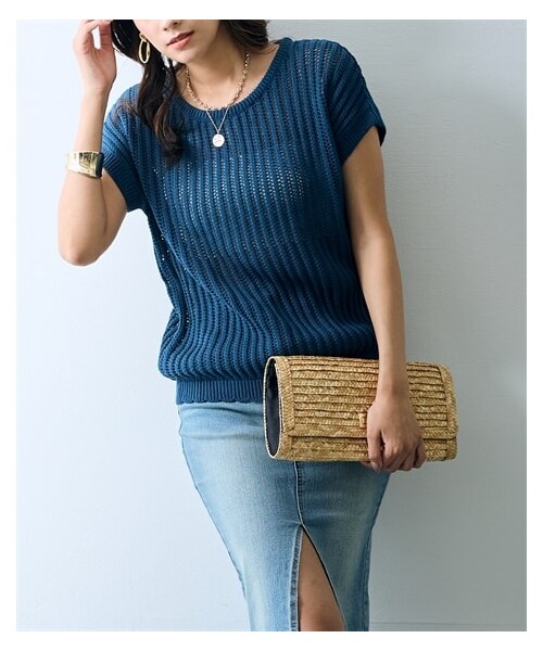 nissen（ニッセン）の「綿１００％透かし編みニットトップス【ERES BELLA】（ニット/セーター・レディース・アイボリー/ブルー・M/L/LL/3L）」の6枚目の写真