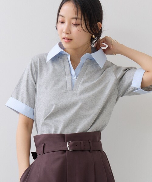 VIS(ビス)の「ICE BEAUTY ドッキング衿ハーフスリーブプルオーバー/UVケア・接触冷感・汗染み防止(Tシャツ/カットソー・レディース・チャコール/ライトグレー/オフホワイト・F)」の13枚目の写真