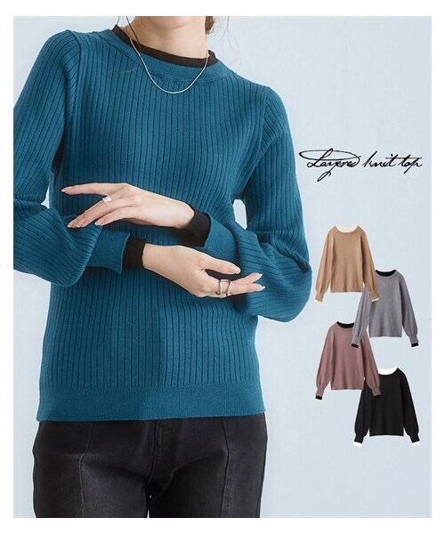 nissen（ニッセン）の「ふんわり袖配色重ね着風ニットトップス＜大きいサイズ有＞（ニット/セーター・レディース・ブルーグリーン×黒/ココア×黒/杢グレー×黒/黒×オフホワイト/ベージュ×オフホワイト・S/M/L/LL/3L/4L/5L/6L）」の5枚目の写真