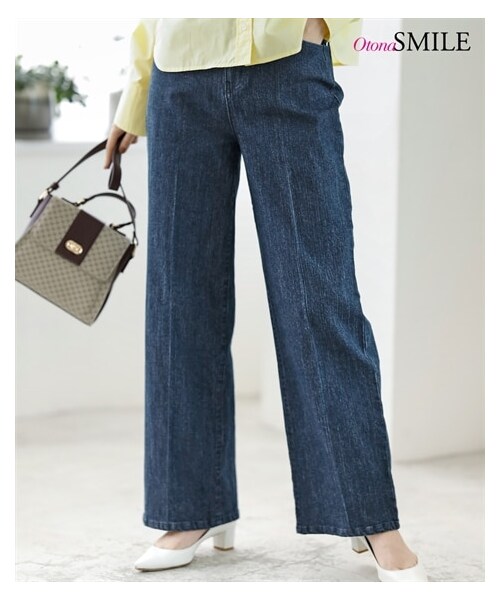 nissen（ニッセン）の「センタープレスセミワイドデニムパンツ【OtonaSMILE】（パンツ・レディース・インディゴブルー/オフホワイト・M/L/LL/3L/4L/5L）」の3枚目の写真