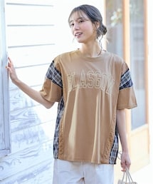 nissen | ＜大きいサイズ＞チェック柄切替フロントロゴ刺しゅうカットソートップス(Tシャツ/カットソー)