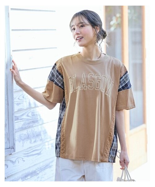 nissen（ニッセン）の「＜大きいサイズ＞チェック柄切替フロントロゴ刺しゅうカットソートップス（Tシャツ/カットソー・レディース・チャコール/ネイビー/ベージュ・L/LL/3L/4L/5L/6L/8L/10L）」の5枚目の写真