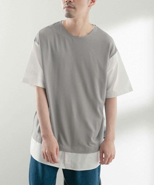 ITEMS URBANRESEARCH(アイテムズ アーバンリサーチ)の「布帛切替レイヤードクルーネックトップス(Tシャツ/カットソー・メンズ・BLK/BEG/MTD/GRY・M/L)」の2枚目の写真