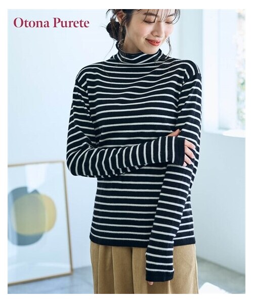 nissen（ニッセン）の「くしゅ衿ニットプルオーバー【Otona Purete】（ニット/セーター・レディース・黒×オフホワイト/アイボリー×グレージュ/オレンジ・M/L/LL/3L/4L/【没】5L/【没】6L）」の2枚目の写真