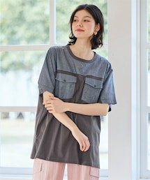 nissen | ＜大きいサイズ＞綿混ダブルポケット異素材切替カットソートップス(Tシャツ/カットソー)