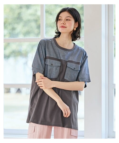nissen（ニッセン）の「＜大きいサイズ＞綿混ダブルポケット異素材切替カットソートップス（Tシャツ/カットソー・レディース・黒/チャコール/ブルー・L/LL/3L/4L/5L/6L/8L/10L）」の12枚目の写真