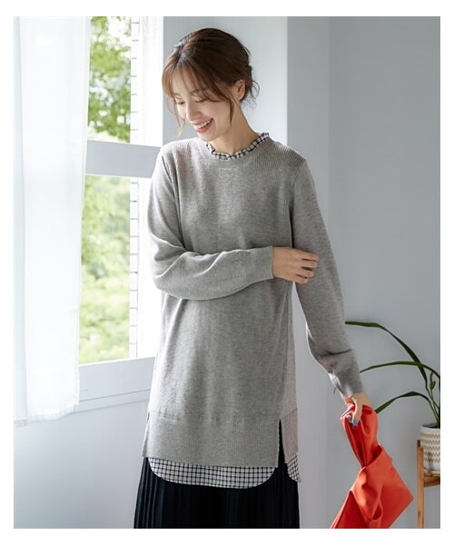nissen（ニッセン）の「フリル衿重ね着風ニットチュニック（ニット/セーター・レディース・スモーキーブルー系/杢グレー系/ネイビー系/マスタード系・L/LL/3L/4L/5L/6L/8L/10L）」の6枚目の写真
