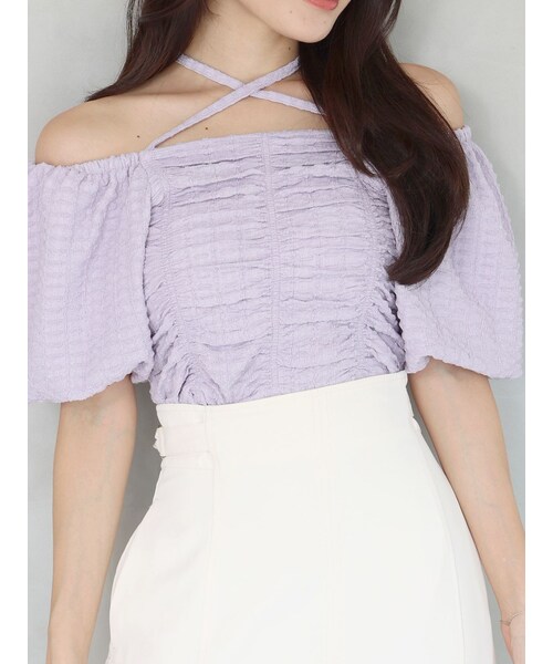 MERCURYDUO（マーキュリーデュオ）の「クロップドシャーリングカットソー（Tシャツ/カットソー・レディース・オフホワイト/ラベンダー/ミックス・F）」の2枚目の写真