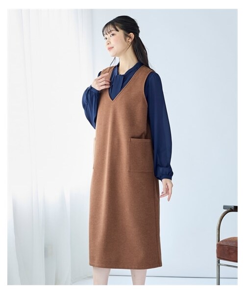 nissen（ニッセン）の「＜大きいサイズ＞ フェイクウールジャンパースカート（ワンピース・レディース・ワイン/黒/ミルクココア/ライトグリーン/ダークキャラメル・L/LL/3L/4L/5L/6L/8L/10L）」の18枚目の写真