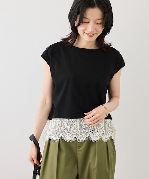 ROPE' PICNIC(ロペピクニック)の「レースドッキングフレンチスリーブトップス/UVカット・接触冷感・汗染み防止(Tシャツ/カットソー・レディース・ブラック/ホワイト/サックス/クリーム・F)」の9枚目の写真
