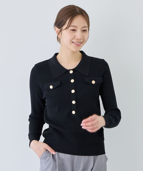 Jayro（ジャイロ）の「フラップポケット付きリブポロニット（ニット/セーター・レディース・ブラック/ホワイト系・M）」の8枚目の写真