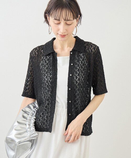 ROPE' PICNIC(ロペピクニック)の「【ちゃんと+かわいい保証】カットレースポロトップス/リンクコーデ(シャツ/ブラウス・レディース・ブラック/ホワイト/サックス・F)」の7枚目の写真