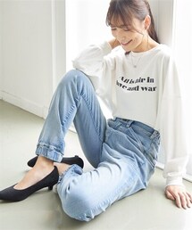 nissen | 超ラクチンなすごのびストレッチ裏起毛デニムゆるテーパードジョガーパンツ(ゆったり太もも)(股下68)(デニムパンツ)