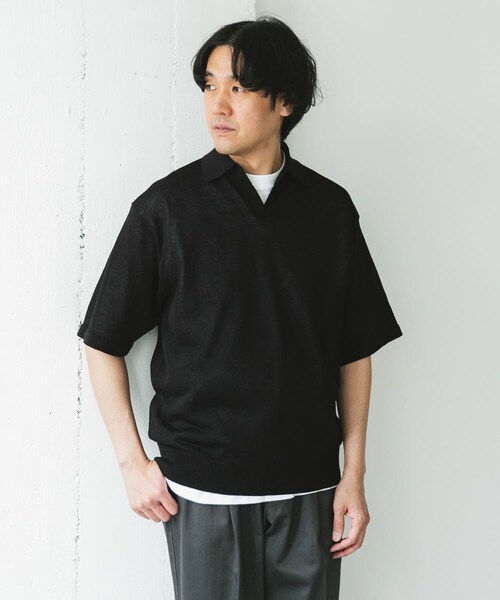 URBAN RESEARCH DOORS（アーバンリサーチドアーズ）の「リネン混ハイゲージ スキッパーニットポロシャツ（ポロシャツ・メンズ・BLACK/BLUE・M/L）」の6枚目の写真