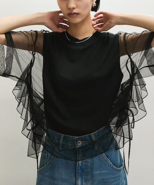 ADAM ET ROPE'(アダムエロペ)の「【WEB限定】・【サステナブル】・【定番】ギャザーチュールトップス(Tシャツ/カットソー・レディース・ブラック/ホワイト/ダークブラウン・F)」の14枚目の写真