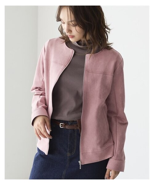 nissen（ニッセン）の「フェイクスエードノーカラーライダースジャケット＜大きいサイズ有＞（ライダースジャケット・レディース・ライトグレージュ/モカブラウン/ミントグリーン/くすみピンク/アイスブルー/【使用不可1】/【使用不可2】/【使用不可3】・L/LL/3L/4L/5L/6L/8L/10L/S/M）」の5枚目の写真