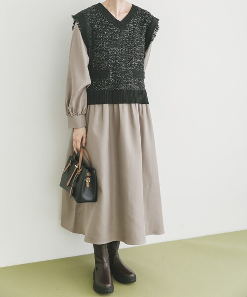 ITEMS URBANRESEARCH(アイテムズ アーバンリサーチ)の「ツイードニットドッキングワンピース(ワンピース・レディース・BLK×WHT/BLK・FREE)」の6枚目の写真