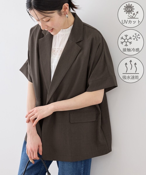 ROPE' PICNIC(ロペピクニック)の「エアリーリネンライク ドルマンジャケット/接触冷感・UVカット・速乾(テーラードジャケット・レディース・ブラック/ダークブラウン/キャメル/ベージュ/ネイビー・F)」の2枚目の写真