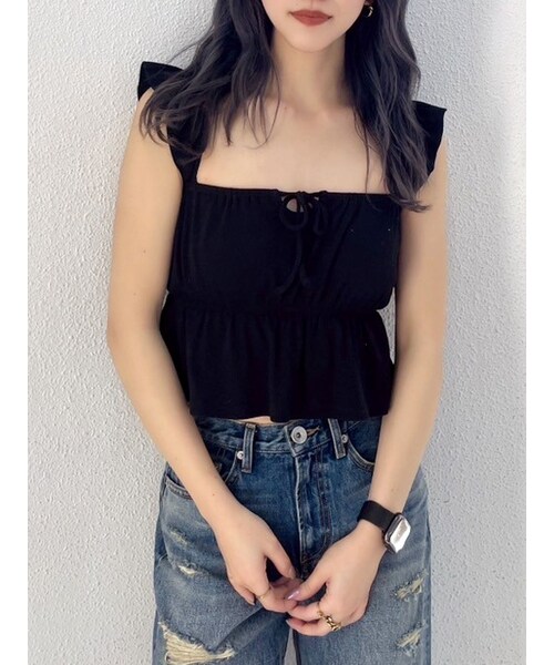 GYDA(ジェイダ)の「リボンフレアリブトップス(Tシャツ/カットソー・レディース・ブラック/レッド/オフホワイト・F)」の7枚目の写真