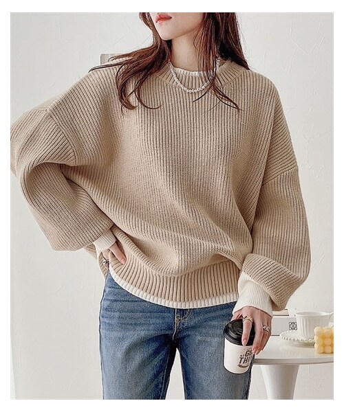 nissen（ニッセン）の「重ね着風オーバーサイズニットトップス（ニット/セーター・レディース・ベージュ/黒・F）」の3枚目の写真