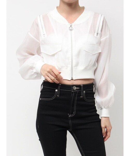 GYDA（ジェイダ）の「SymmetryGYDA ZIP デザインシアーブルゾン（ブルゾン・レディース・オフホワイト/ブラック・F）」の2枚目の写真