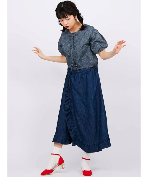 merry jenny（メリージェニー）の「デニムフリルラップスカート（デニムパンツ・レディース・ブルー/インディゴ・F）」の2枚目の写真