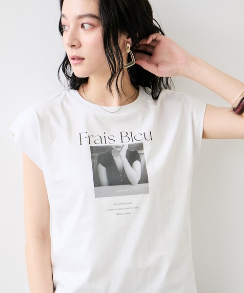 VIS（ビス）の「フォト＆ロゴプリントフレンチスリーブTシャツ/接触冷感（Tシャツ/カットソー・レディース・チャコール/ホワイト/サックス・F）」の8枚目の写真