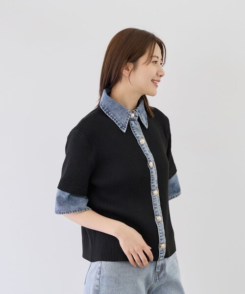Jayro(ジャイロ)の「デニムドッキング半袖カーディガン(カーディガン/ボレロ・レディース・ブラック/チャコール/ライトグレー/ベージュ/ネイビー・M)」の15枚目の写真