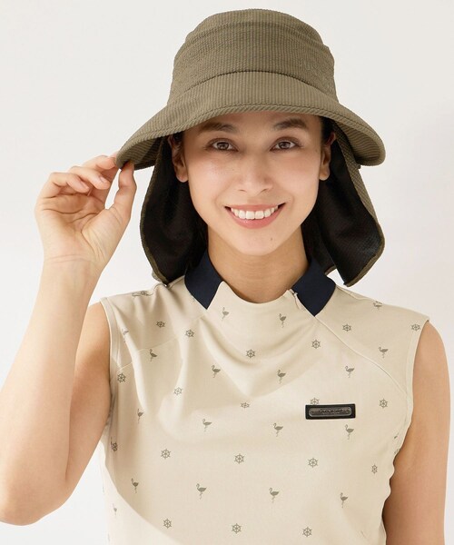 ROPE'（ロペ）の「クールマックスサッカー３ＷＡＹハット/UV・遮熱（ハット・レディース・ブラック/ホワイト/カーキ・F）」の7枚目の写真