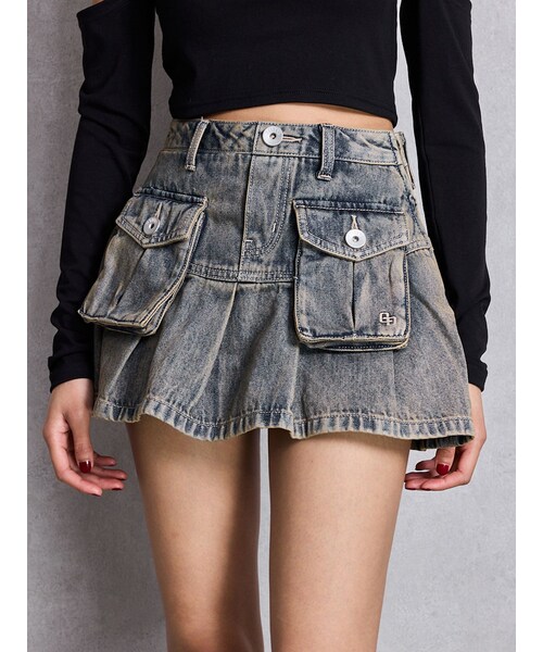 GYDA（ジェイダ）の「ハイウエストGG POKETプリーツデニムスカートライクショートパンツ（デニムスカート・レディース・ブルー/アイスブルー・S/M）」の6枚目の写真