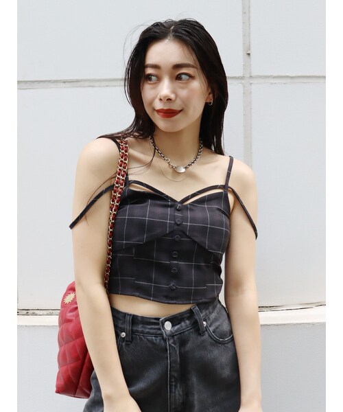 EVRIS（エヴリス）の「ストラップチェックキャミソール（キャミソール・レディース・グレー/ブラック・F）」の6枚目の写真