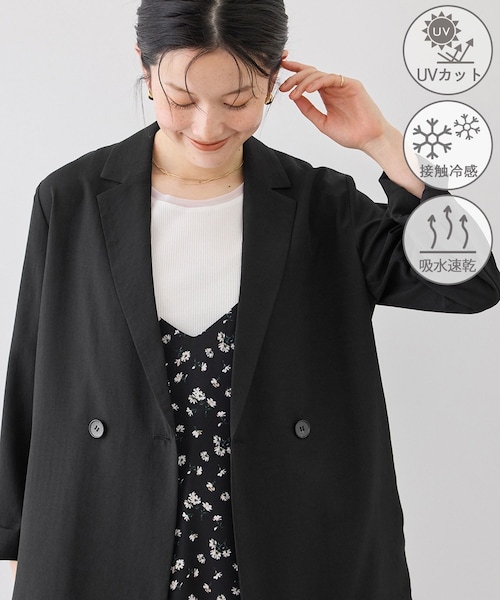 ROPE' PICNIC(ロペピクニック)の「【ちゃんと+かわいい保証】エアリーリネンライク ダブルジャケット/接触冷感・UVカット・速乾(テーラードジャケット・レディース・ブラック/ダークブラウン/キャメル/ベージュ/ネイビー・F)」の7枚目の写真