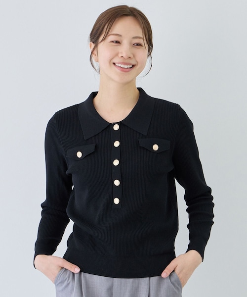 Jayro（ジャイロ）の「フラップポケット付きリブポロニット（ニット/セーター・レディース・ブラック/ホワイト系・M）」の4枚目の写真